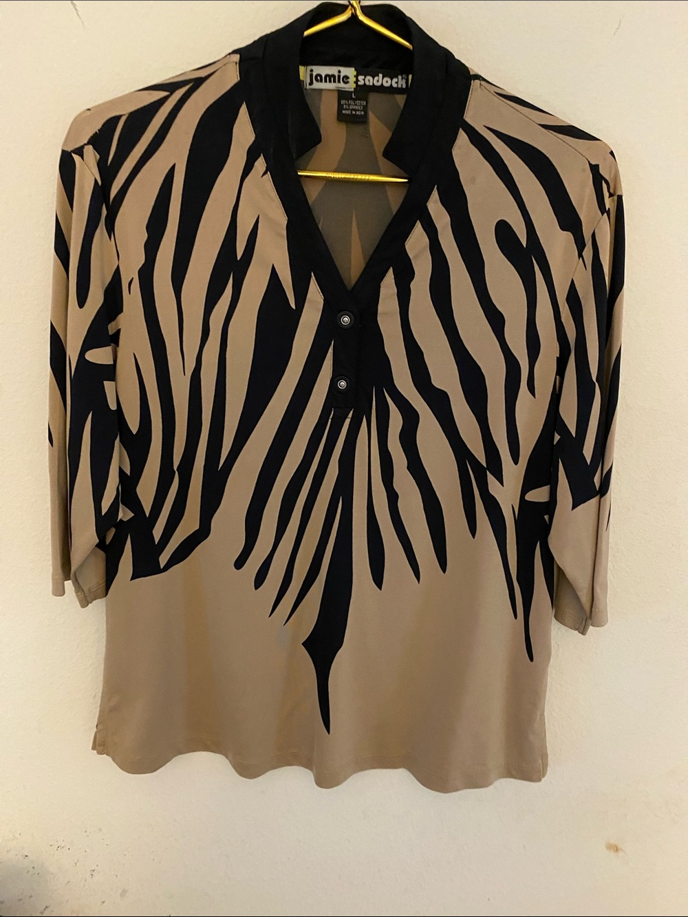 jamie sadock Taupe and Black Zebra-Print V-Neck Blouse Large